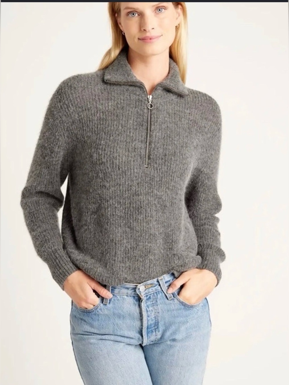 Quince Baby Alpaca Wool Quarter Zip Sweater Charcoal , Small